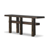Crafted from smoked alder, this Wabi Sabi-inspired console brings an organic look to your space. With staggered legs, chamfered edges and a central stretcher, this piece is perfect for media display or styled in the living room or entryway Amethyst Home provides interior design, new home construction design consulting, vintage area rugs, and lighting in the Alpharetta metro area.