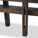Crafted from smoked alder, this Wabi Sabi-inspired console brings an organic look to your space. With staggered legs, chamfered edges and a central stretcher, this piece is perfect for media display or styled in the living room or entryway Amethyst Home provides interior design, new home construction design consulting, vintage area rugs, and lighting in the Austin metro area.