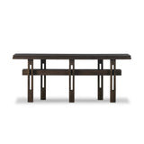 Crafted from smoked alder, this Wabi Sabi-inspired console brings an organic look to your space. With staggered legs, chamfered edges and a central stretcher, this piece is perfect for media display or styled in the living room or entryway Amethyst Home provides interior design, new home construction design consulting, vintage area rugs, and lighting in the Calabasas metro area.