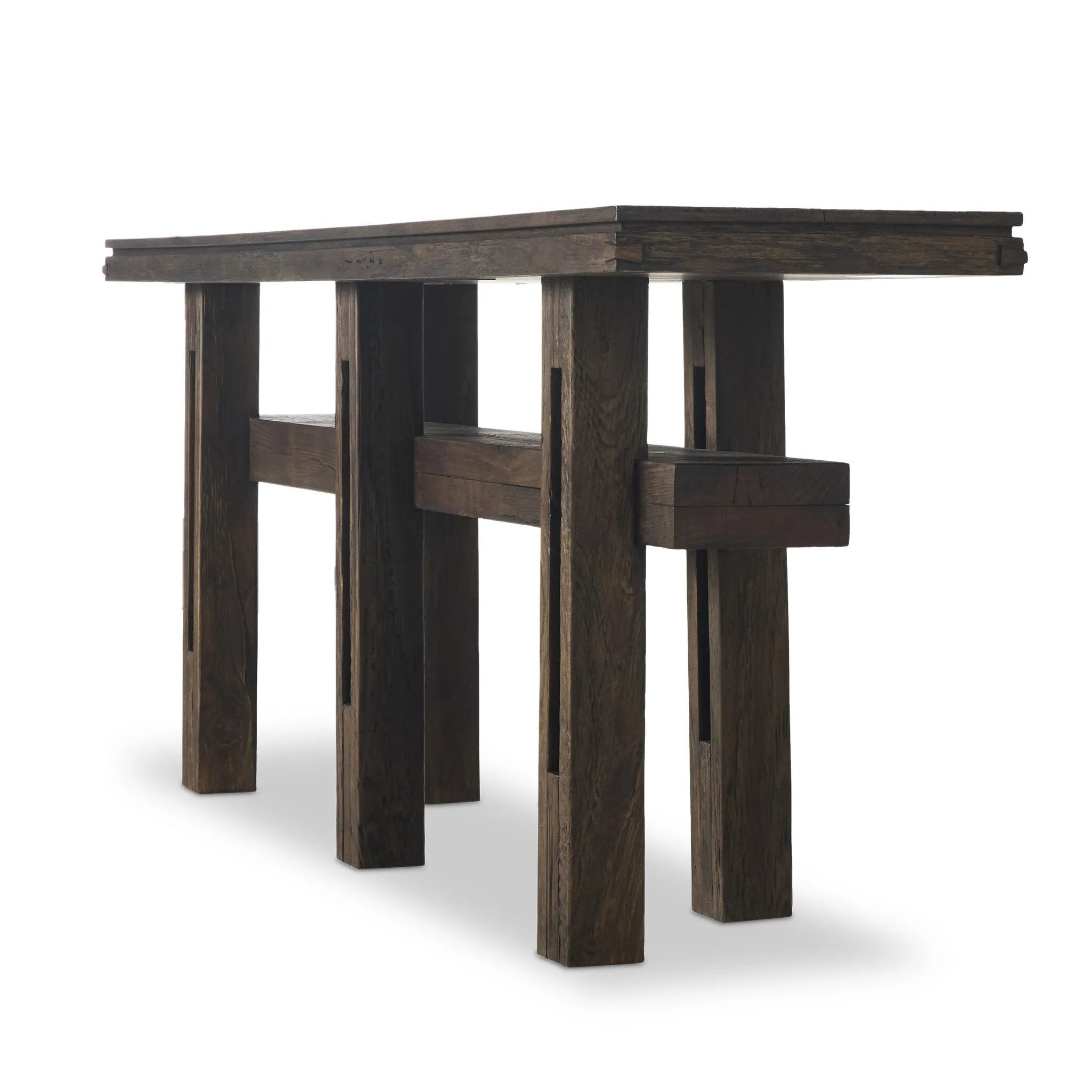 Crafted from smoked alder, this Wabi Sabi-inspired console brings an organic look to your space. With staggered legs, chamfered edges and a central stretcher, this piece is perfect for media display or styled in the living room or entryway Amethyst Home provides interior design, new home construction design consulting, vintage area rugs, and lighting in the Monterey metro area.