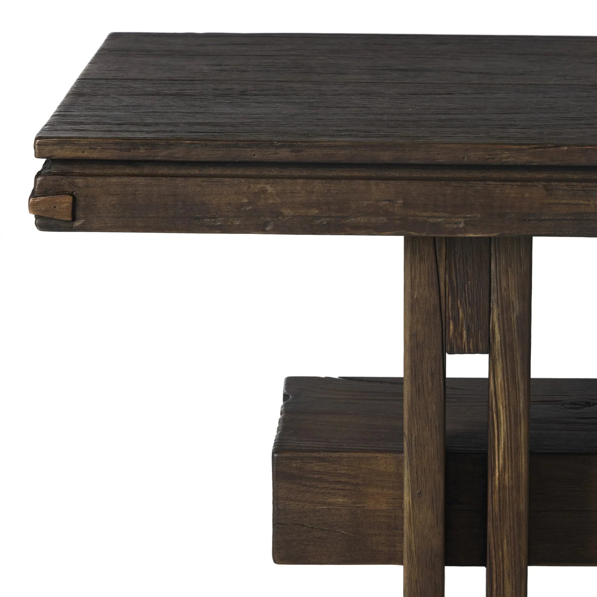 Crafted from smoked alder, this Wabi Sabi-inspired console brings an organic look to your space. With staggered legs, chamfered edges and a central stretcher, this piece is perfect for media display or styled in the living room or entryway Amethyst Home provides interior design, new home construction design consulting, vintage area rugs, and lighting in the Washington metro area.