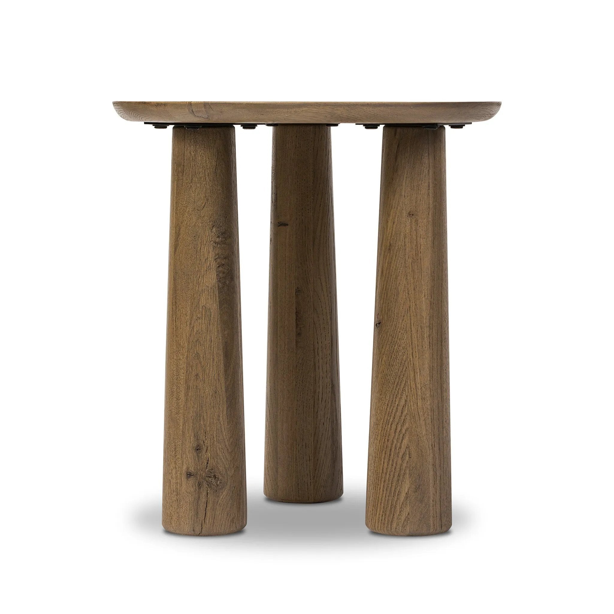 A chamfered top and tapered legs define the artisanship of this three-leg end table. Crafted from drifted oak veneer, its natural texture and clean design make a clever addition to any room Amethyst Home provides interior design, new home construction design consulting, vintage area rugs, and lighting in the Miami metro area.