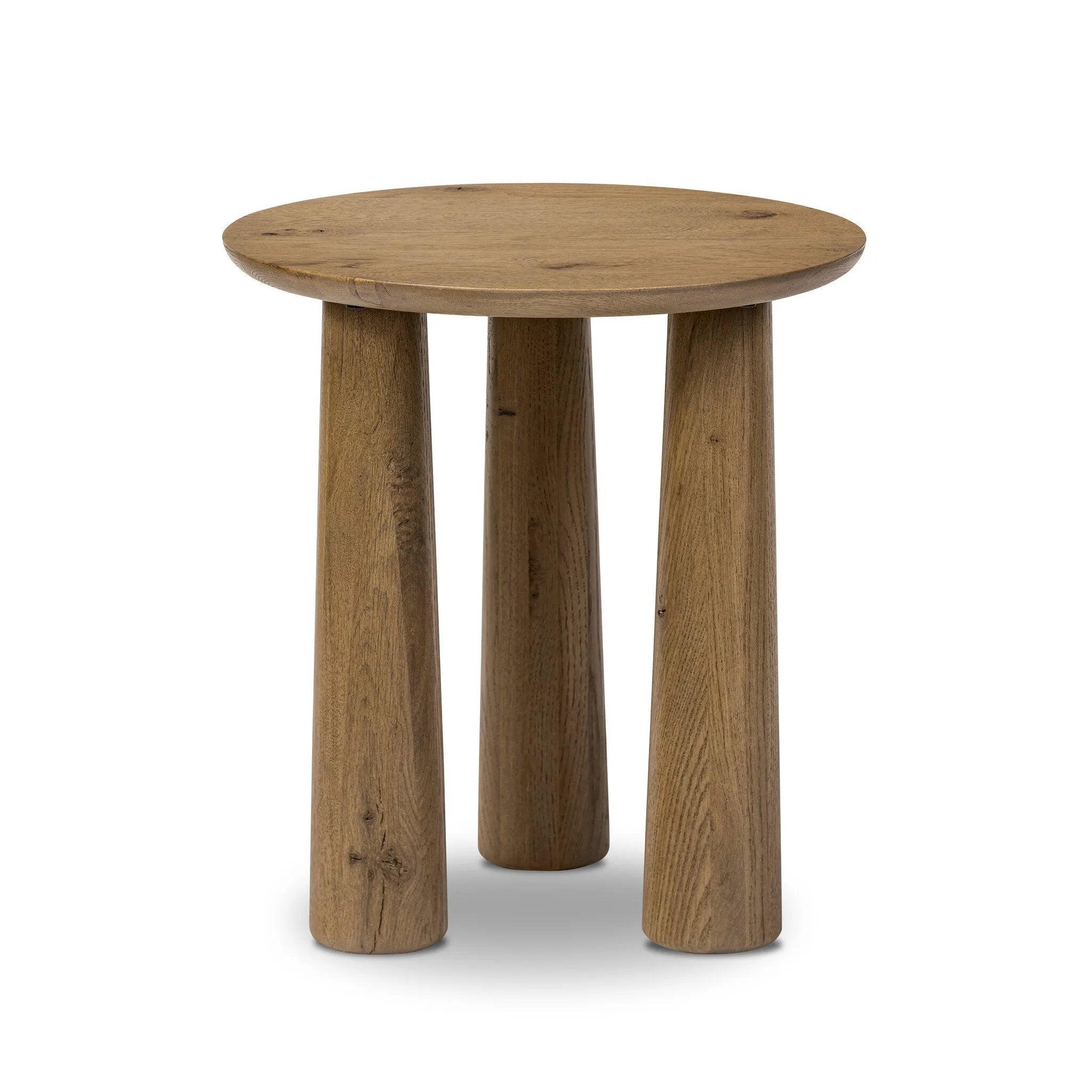 A chamfered top and tapered legs define the artisanship of this three-leg end table. Crafted from drifted oak veneer, its natural texture and clean design make a clever addition to any room Amethyst Home provides interior design, new home construction design consulting, vintage area rugs, and lighting in the Salt Lake City metro area.
