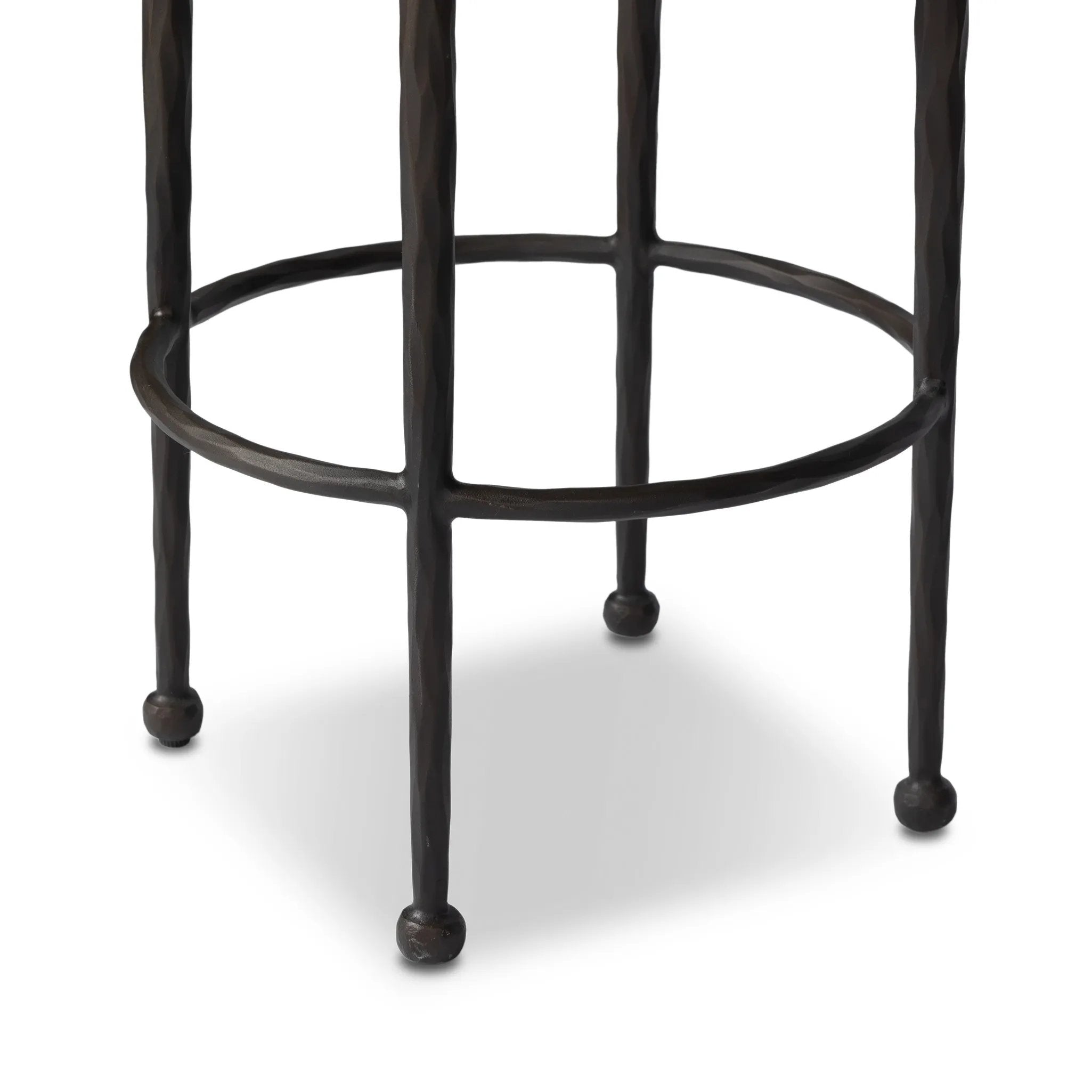 Hammered iron legs with ball-shaped foot details elevate this simply shaped bar stool. A round, cushioned seat upholstered in performance fabric offers a clean, inviting look. Performance fabrics are specially created to withstand spills, stains, high traffic and wear, ensuring long-term comfort and unmatched durability Amethyst Home provides interior design, new home construction design consulting, vintage area rugs, and lighting in the Alpharetta metro area.