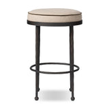 Hammered iron legs with ball-shaped foot details elevate this simply shaped bar stool. A round, cushioned seat upholstered in performance fabric offers a clean, inviting look. Performance fabrics are specially created to withstand spills, stains, high traffic and wear, ensuring long-term comfort and unmatched durability Amethyst Home provides interior design, new home construction design consulting, vintage area rugs, and lighting in the Boston metro area.
