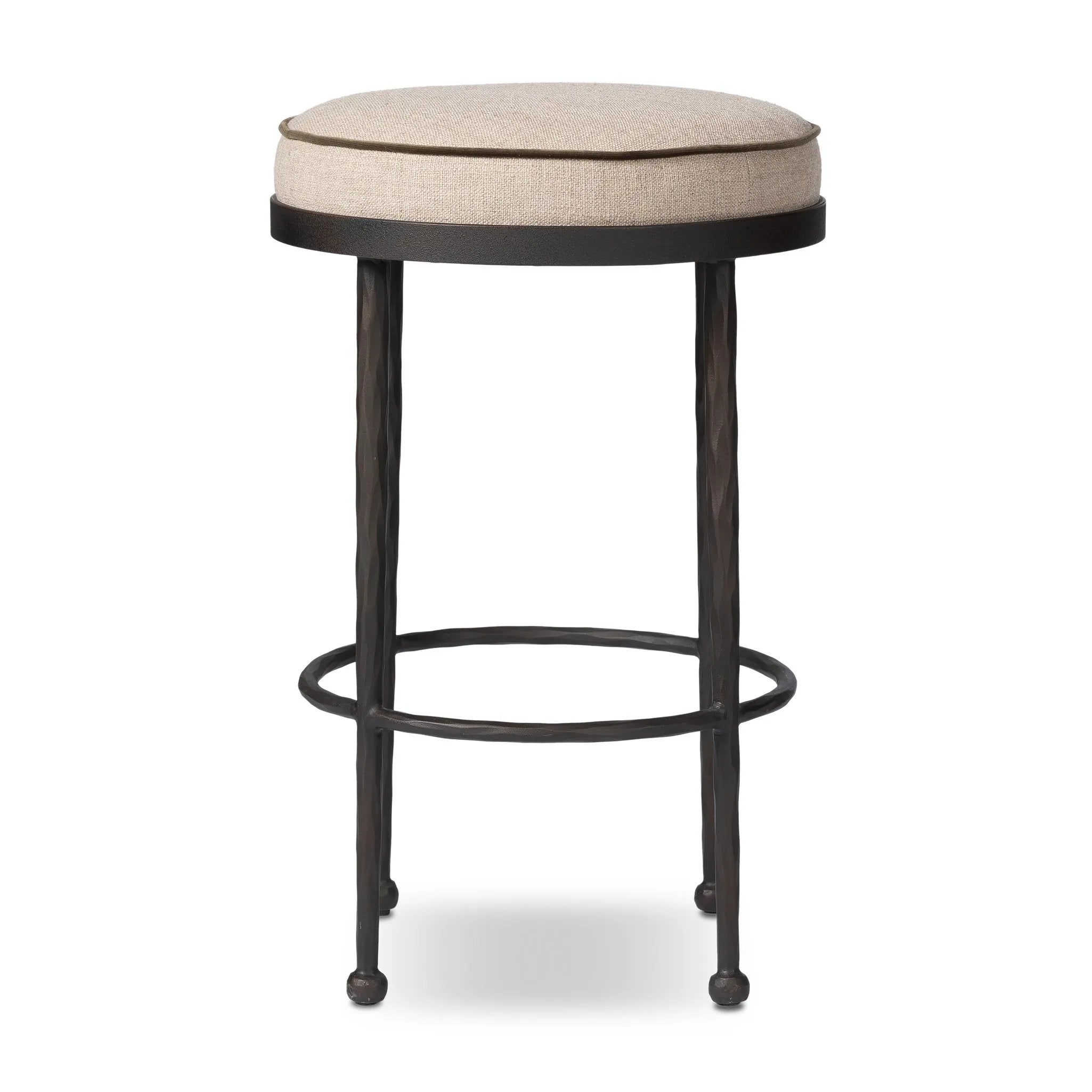 Hammered iron legs with ball-shaped foot details elevate this simply shaped bar stool. A round, cushioned seat upholstered in performance fabric offers a clean, inviting look. Performance fabrics are specially created to withstand spills, stains, high traffic and wear, ensuring long-term comfort and unmatched durability Amethyst Home provides interior design, new home construction design consulting, vintage area rugs, and lighting in the Boston metro area.