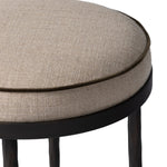 Hammered iron legs with ball-shaped foot details elevate this simply shaped bar stool. A round, cushioned seat upholstered in performance fabric offers a clean, inviting look. Performance fabrics are specially created to withstand spills, stains, high traffic and wear, ensuring long-term comfort and unmatched durability Amethyst Home provides interior design, new home construction design consulting, vintage area rugs, and lighting in the Miami metro area.