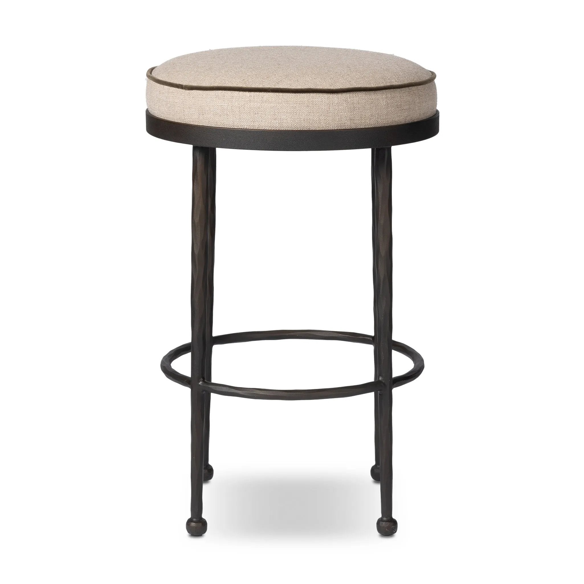 Hammered iron legs with ball-shaped foot details elevate this simply shaped bar stool. A round, cushioned seat upholstered in performance fabric offers a clean, inviting look. Performance fabrics are specially created to withstand spills, stains, high traffic and wear, ensuring long-term comfort and unmatched durability Amethyst Home provides interior design, new home construction design consulting, vintage area rugs, and lighting in the Park City metro area.