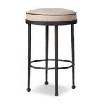 Hammered iron legs with ball-shaped foot details elevate this simply shaped bar stool. A round, cushioned seat upholstered in performance fabric offers a clean, inviting look. Performance fabrics are specially created to withstand spills, stains, high traffic and wear, ensuring long-term comfort and unmatched durability Amethyst Home provides interior design, new home construction design consulting, vintage area rugs, and lighting in the Salt Lake City metro area.