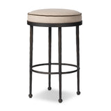 Hammered iron legs with ball-shaped foot details elevate this simply shaped bar stool. A round, cushioned seat upholstered in performance fabric offers a clean, inviting look. Performance fabrics are specially created to withstand spills, stains, high traffic and wear, ensuring long-term comfort and unmatched durability Amethyst Home provides interior design, new home construction design consulting, vintage area rugs, and lighting in the Salt Lake City metro area.