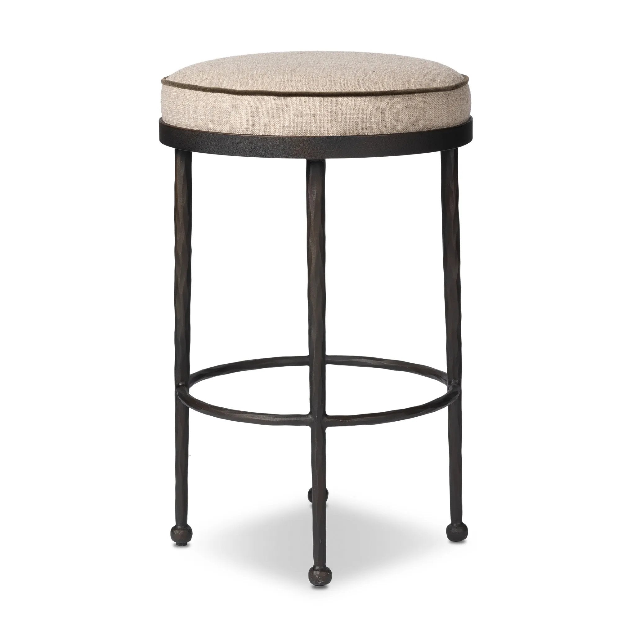 Hammered iron legs with ball-shaped foot details elevate this simply shaped bar stool. A round, cushioned seat upholstered in performance fabric offers a clean, inviting look. Performance fabrics are specially created to withstand spills, stains, high traffic and wear, ensuring long-term comfort and unmatched durability Amethyst Home provides interior design, new home construction design consulting, vintage area rugs, and lighting in the San Diego metro area.