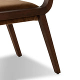 A midcentury look, refreshed with mixed materials.  Solid oak and poplar burl veneer frame a velvety ochre seat. Performance fabrics are specially created to withstand spills, stains, high traffic and wear, ensuring long-term comfort and unmatched durability. Amethyst Home provides interior design, new home construction design consulting, vintage area rugs, and lighting in the Dallas metro area.