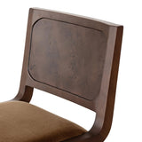 A midcentury look, refreshed with mixed materials.  Solid oak and poplar burl veneer frame a velvety ochre seat. Performance fabrics are specially created to withstand spills, stains, high traffic and wear, ensuring long-term comfort and unmatched durability. Amethyst Home provides interior design, new home construction design consulting, vintage area rugs, and lighting in the Miami metro area.