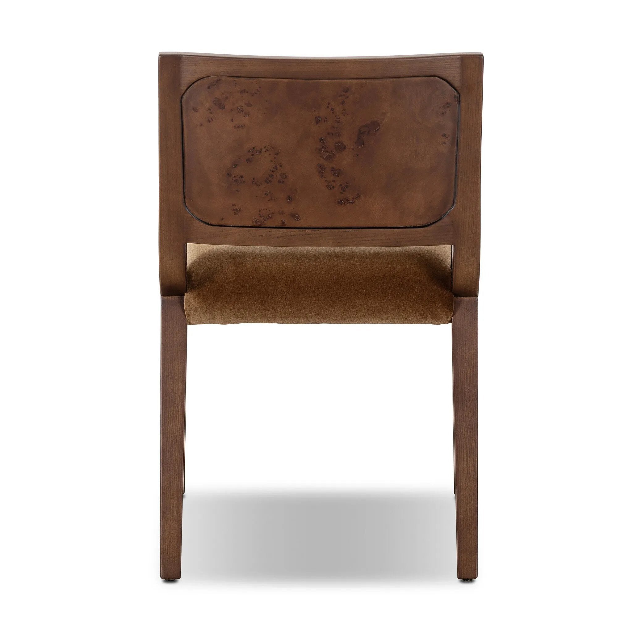 A midcentury look, refreshed with mixed materials.  Solid oak and poplar burl veneer frame a velvety ochre seat. Performance fabrics are specially created to withstand spills, stains, high traffic and wear, ensuring long-term comfort and unmatched durability. Amethyst Home provides interior design, new home construction design consulting, vintage area rugs, and lighting in the San Diego metro area.