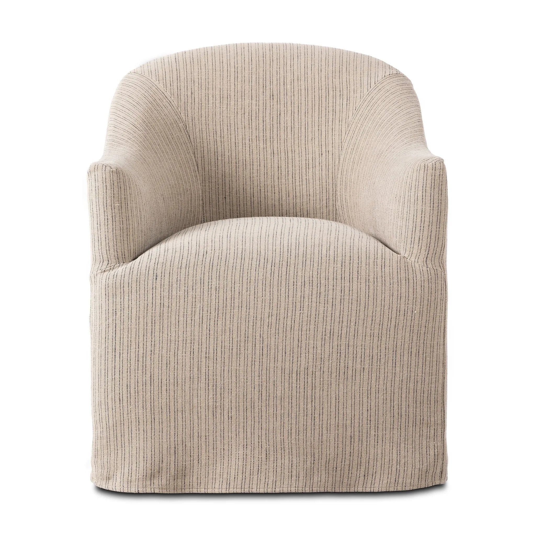 Featuring Cove Laine Navy Dining Chair With Casters by Four Hands at Amethyst Home. A polished form with curved lines and upholstered in a flax/linen blend, this chair brings quiet sophistication to the dining room. Functional casters allow easy movement. This item has limited online distribution and may not be sold on websites without prior approval.Overall. Amethyst Home provides interior design, new home construction design consulting, vintage area rugs, and lighting in the Monterey metro area.