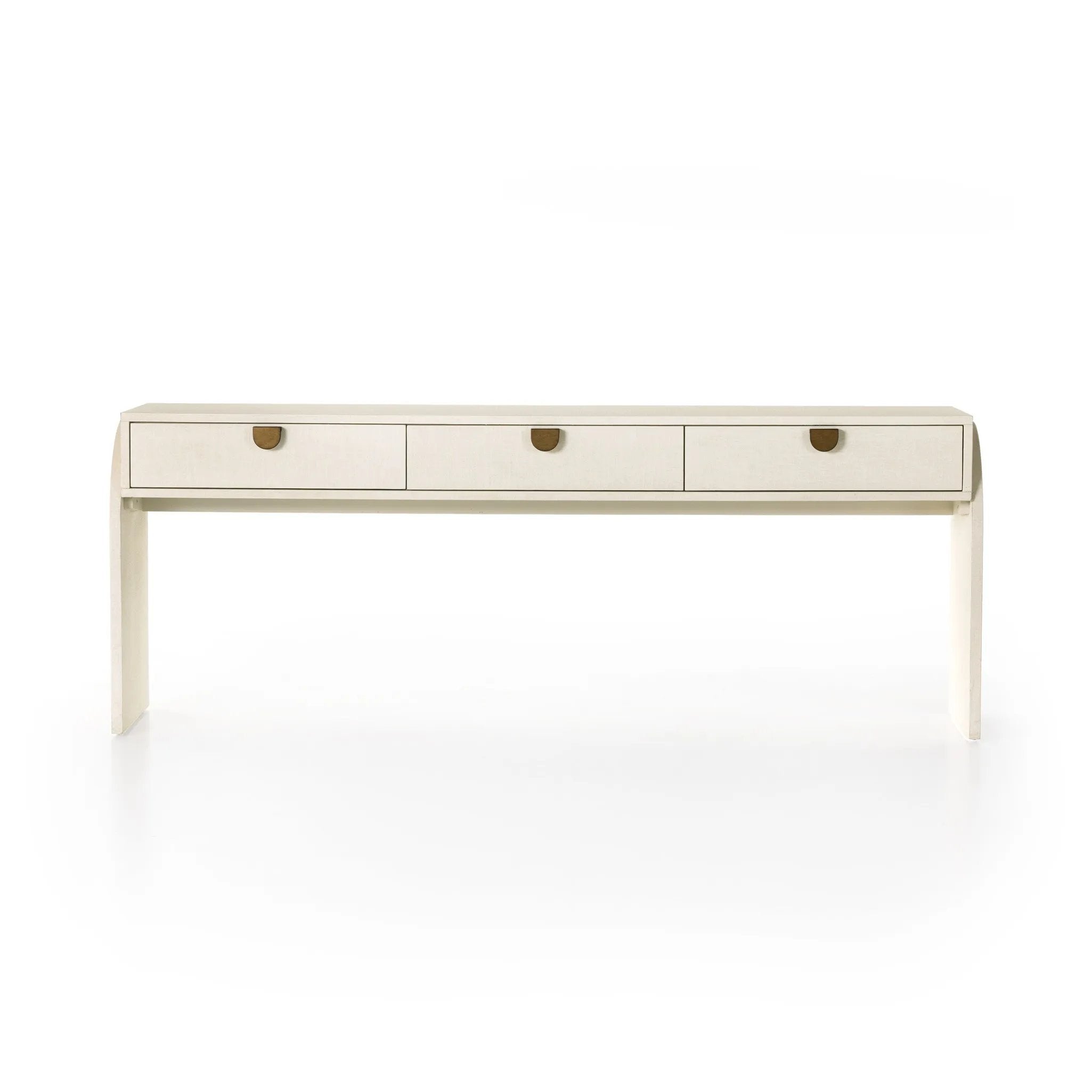 Talk about novelty. Made from painted linen in a light ivory, arched legs soften otherwise clean, modern shaping. Three drawers bring bonus storage space to the living or media room, while half-moon iron hardware adds a hint of art deco style Amethyst Home provides interior design, new home construction design consulting, vintage area rugs, and lighting in the Boston metro area.