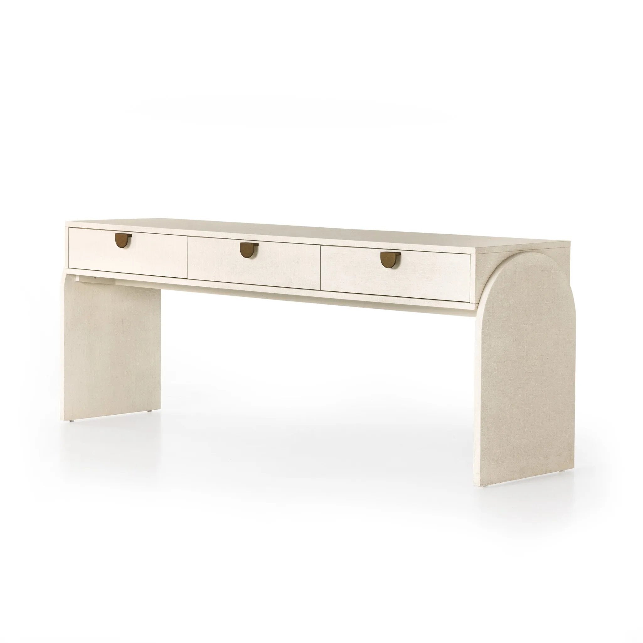 Talk about novelty. Made from painted linen in a light ivory, arched legs soften otherwise clean, modern shaping. Three drawers bring bonus storage space to the living or media room, while half-moon iron hardware adds a hint of art deco style Amethyst Home provides interior design, new home construction design consulting, vintage area rugs, and lighting in the Charlotte metro area.