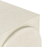 Talk about novelty. Made from painted linen in a light ivory, arched legs soften otherwise clean, modern shaping. Three drawers bring bonus storage space to the living or media room, while half-moon iron hardware adds a hint of art deco style Amethyst Home provides interior design, new home construction design consulting, vintage area rugs, and lighting in the Dallas metro area.