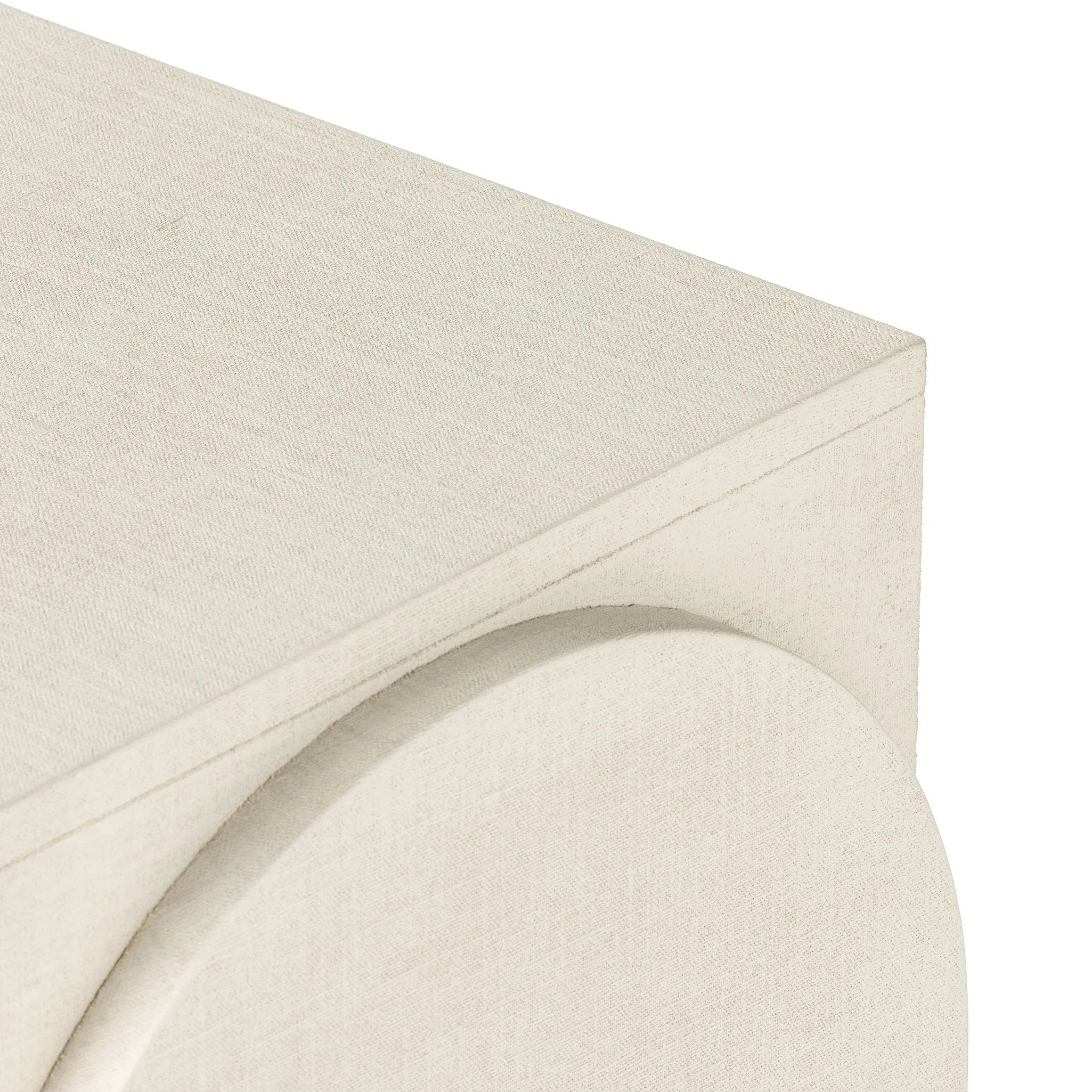 Talk about novelty. Made from painted linen in a light ivory, arched legs soften otherwise clean, modern shaping. Three drawers bring bonus storage space to the living or media room, while half-moon iron hardware adds a hint of art deco style Amethyst Home provides interior design, new home construction design consulting, vintage area rugs, and lighting in the Dallas metro area.