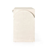 Talk about novelty. Made from painted linen in a light ivory, arched legs soften otherwise clean, modern shaping. Three drawers bring bonus storage space to the living or media room, while half-moon iron hardware adds a hint of art deco style Amethyst Home provides interior design, new home construction design consulting, vintage area rugs, and lighting in the Houston metro area.