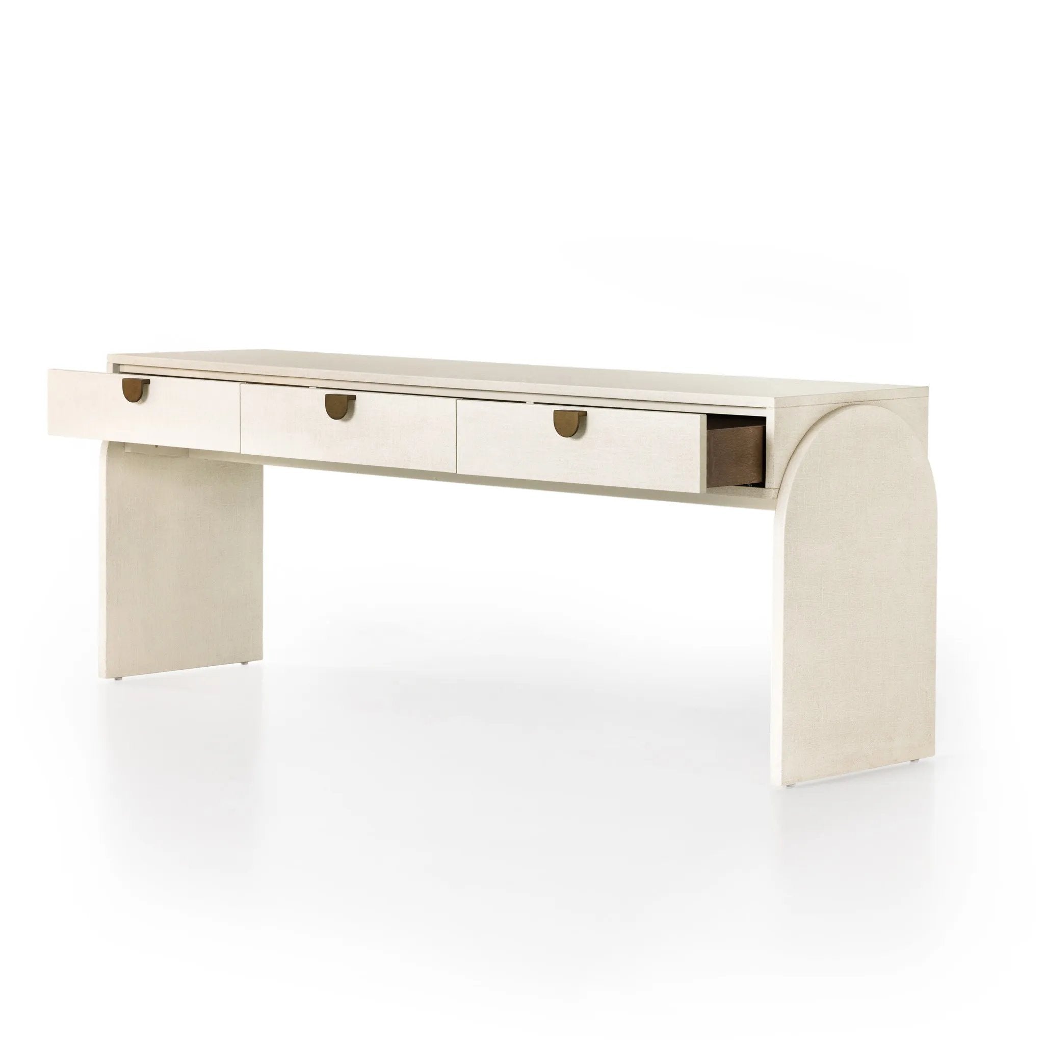 Talk about novelty. Made from painted linen in a light ivory, arched legs soften otherwise clean, modern shaping. Three drawers bring bonus storage space to the living or media room, while half-moon iron hardware adds a hint of art deco style Amethyst Home provides interior design, new home construction design consulting, vintage area rugs, and lighting in the Tampa metro area.