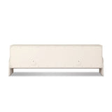 Talk about novelty. Made from painted linen in a light ivory, arched legs soften otherwise clean, modern shaping. Finished in an antique brass, half-moon iron hardware completes this media storage look. Dual rear cutouts for cord management Amethyst Home provides interior design, new home construction design consulting, vintage area rugs, and lighting in the Calabasas metro area.