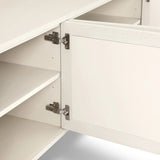 Talk about novelty. Made from painted linen in a light ivory, arched legs soften otherwise clean, modern shaping. Finished in an antique brass, half-moon iron hardware completes this media storage look. Dual rear cutouts for cord management Amethyst Home provides interior design, new home construction design consulting, vintage area rugs, and lighting in the Kansas City metro area.
