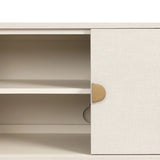 Talk about novelty. Made from painted linen in a light ivory, arched legs soften otherwise clean, modern shaping. Finished in an antique brass, half-moon iron hardware completes this media storage look. Dual rear cutouts for cord management Amethyst Home provides interior design, new home construction design consulting, vintage area rugs, and lighting in the Newport Beach metro area.