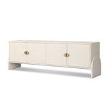 Talk about novelty. Made from painted linen in a light ivory, arched legs soften otherwise clean, modern shaping. Finished in an antique brass, half-moon iron hardware completes this media storage look. Dual rear cutouts for cord management Amethyst Home provides interior design, new home construction design consulting, vintage area rugs, and lighting in the Omaha metro area.
