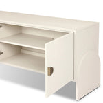 Talk about novelty. Made from painted linen in a light ivory, arched legs soften otherwise clean, modern shaping. Finished in an antique brass, half-moon iron hardware completes this media storage look. Dual rear cutouts for cord management Amethyst Home provides interior design, new home construction design consulting, vintage area rugs, and lighting in the Park City metro area.