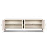 Talk about novelty. Made from painted linen in a light ivory, arched legs soften otherwise clean, modern shaping. Finished in an antique brass, half-moon iron hardware completes this media storage look. Dual rear cutouts for cord management Amethyst Home provides interior design, new home construction design consulting, vintage area rugs, and lighting in the San Diego metro area.