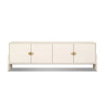Talk about novelty. Made from painted linen in a light ivory, arched legs soften otherwise clean, modern shaping. Finished in an antique brass, half-moon iron hardware completes this media storage look. Dual rear cutouts for cord management Amethyst Home provides interior design, new home construction design consulting, vintage area rugs, and lighting in the Washington metro area.