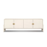 Talk about novelty. Made from painted linen in a light ivory, arched legs soften otherwise clean, modern shaping. Finished in an antique brass, half-moon iron hardware completes this media storage look. Dual rear cutouts for cord management Amethyst Home provides interior design, new home construction design consulting, vintage area rugs, and lighting in the Washington metro area.