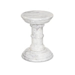 A white marble pedestal features soft curves and stepped details, inspired by classic column design. Polished to a lustrous sheen, natural veining adds depth to this versatile, timeless piece Amethyst Home provides interior design, new home construction design consulting, vintage area rugs, and lighting in the Laguna Beach metro area.