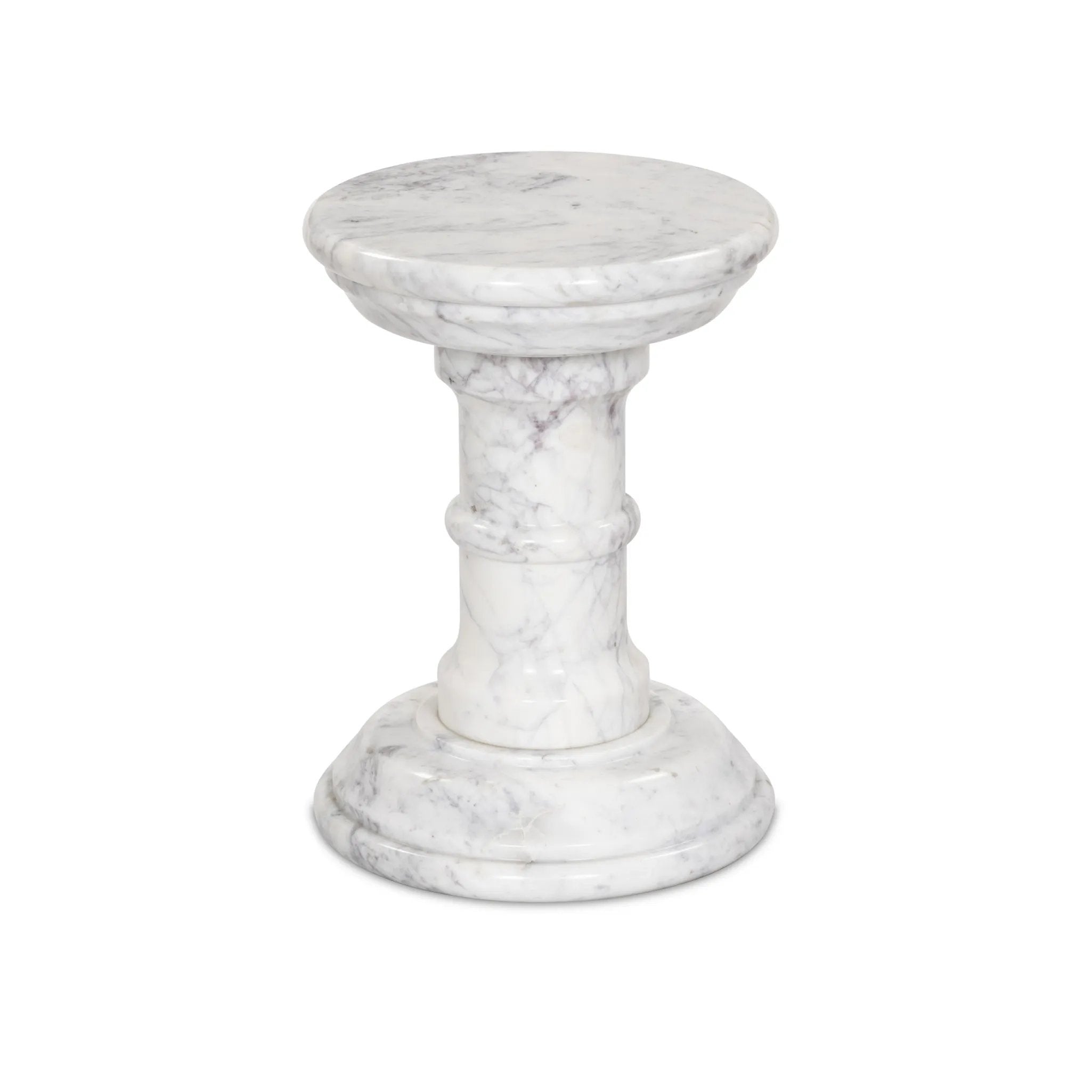A white marble pedestal features soft curves and stepped details, inspired by classic column design. Polished to a lustrous sheen, natural veining adds depth to this versatile, timeless piece Amethyst Home provides interior design, new home construction design consulting, vintage area rugs, and lighting in the Laguna Beach metro area.