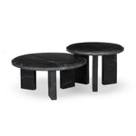 A nesting set of sculpted coffee tables, crafted of black marble with block legs and chamfered edges — perfectly sized for intimate spaces. Natural veining ensures each table is one of a kind, celebrating the natural beauty of marble Amethyst Home provides interior design, new home construction design consulting, vintage area rugs, and lighting in the Des Moines metro area.