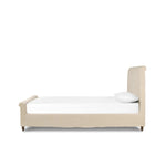 This heritage-style bed reimagines the classic sleigh silhouette. Cream-colored, linen-like fabric slipcover is both removable and washable for practicality. Turned feet in brown parawood peek from under the slip, grounding the bed's stately charm. A design collaboration by Amber Lewis and Four Hands. Amethyst Home provides interior design, new home construction design consulting, vintage area rugs, and lighting in the Tampa metro area.