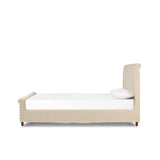 This heritage-style bed reimagines the classic sleigh silhouette. Cream-colored, linen-like fabric slipcover is both removable and washable for practicality. Turned feet in brown parawood peek from under the slip, grounding the bed's stately charm. A design collaboration by Amber Lewis and Four Hands. Amethyst Home provides interior design, new home construction design consulting, vintage area rugs, and lighting in the Tampa metro area.