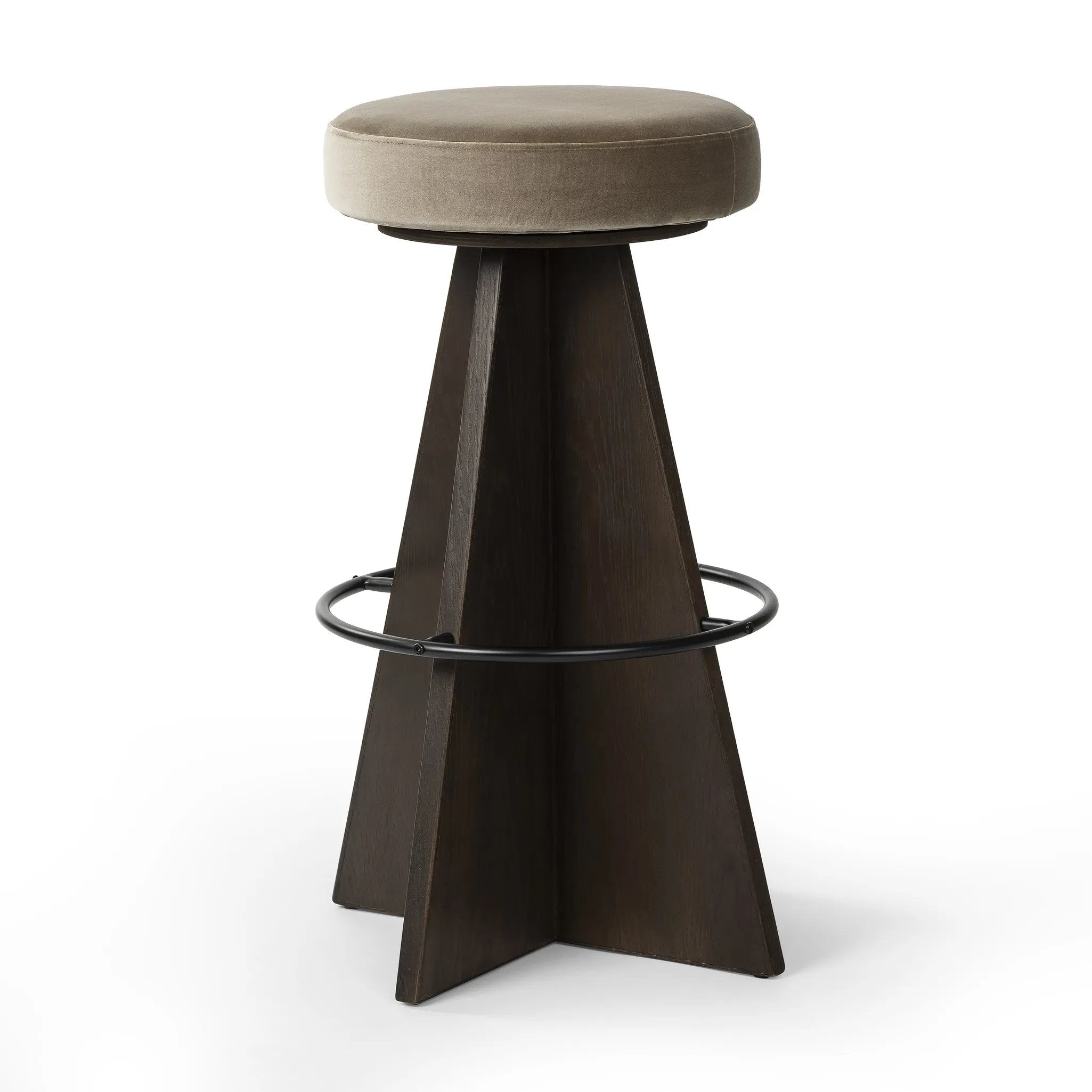 Featuring Damon Sapphire Khaki  Swivel Bar + Counter Stool by Four Hands at Amethyst Home. Large angular panels merge to form a geometrically inspired base in this modern counter stool. The circle metal ring around the base serves as a footrest, while the round upholstered cushion provides comfortable seating. The 360-degree swivel function adds versatilit. Amethyst Home provides interior design, new home construction design consulting, vintage area rugs, and lighting in the Scottsdale metro area.
