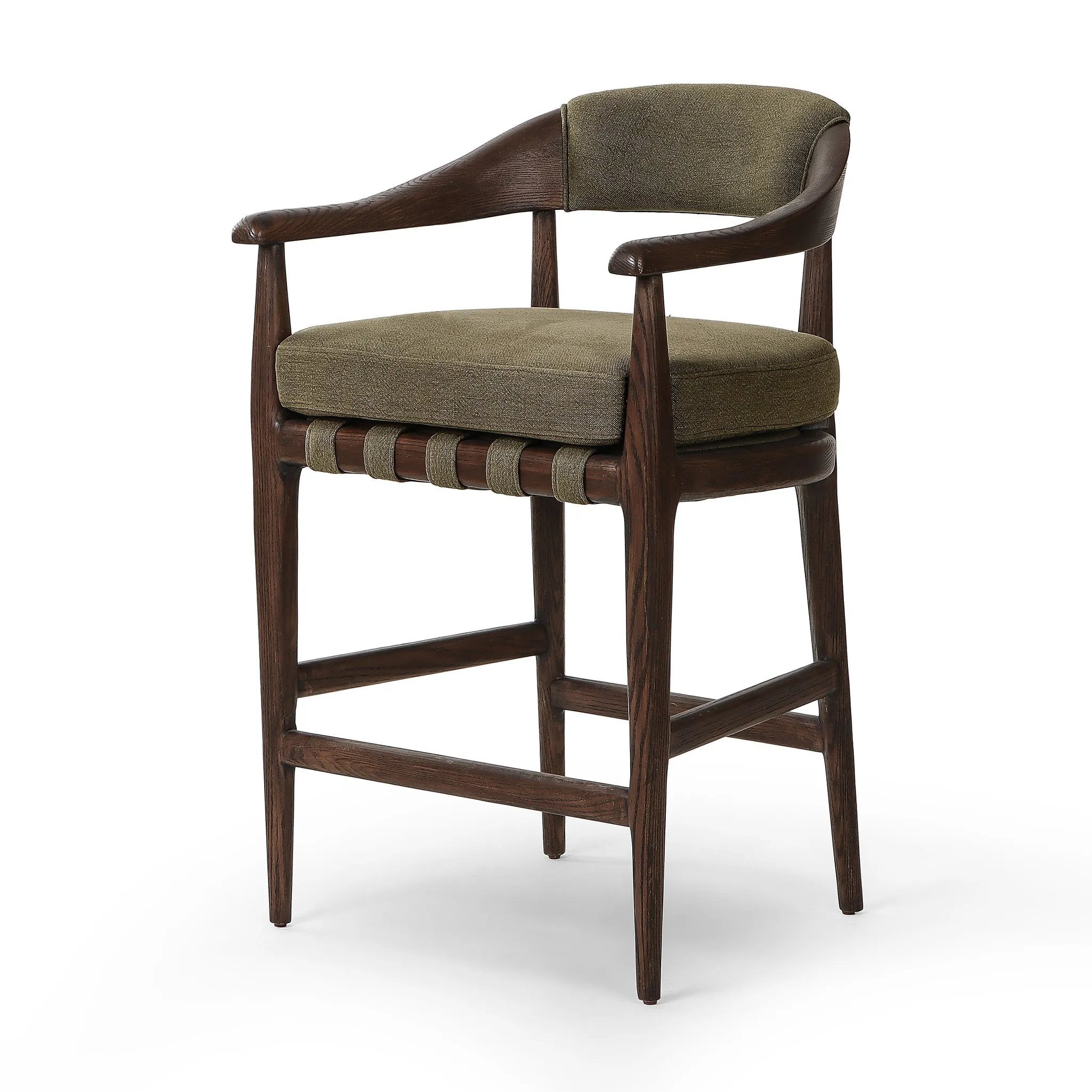 Featuring Dane Broadway Olive Stool by Four Hands at Amethyst Home. Traditional safari styling is brought to modern speed. A solid wood frame features a webbed seating structure that brings a supported, sink-in feel to the entire piece. The upholstered back, strap details and loose cushion are finished in an olive flax/linen-blend fabric. Perfectly siz. Amethyst Home provides interior design, new home construction design consulting, vintage area rugs, and lighting in the Salt Lake City metro area.