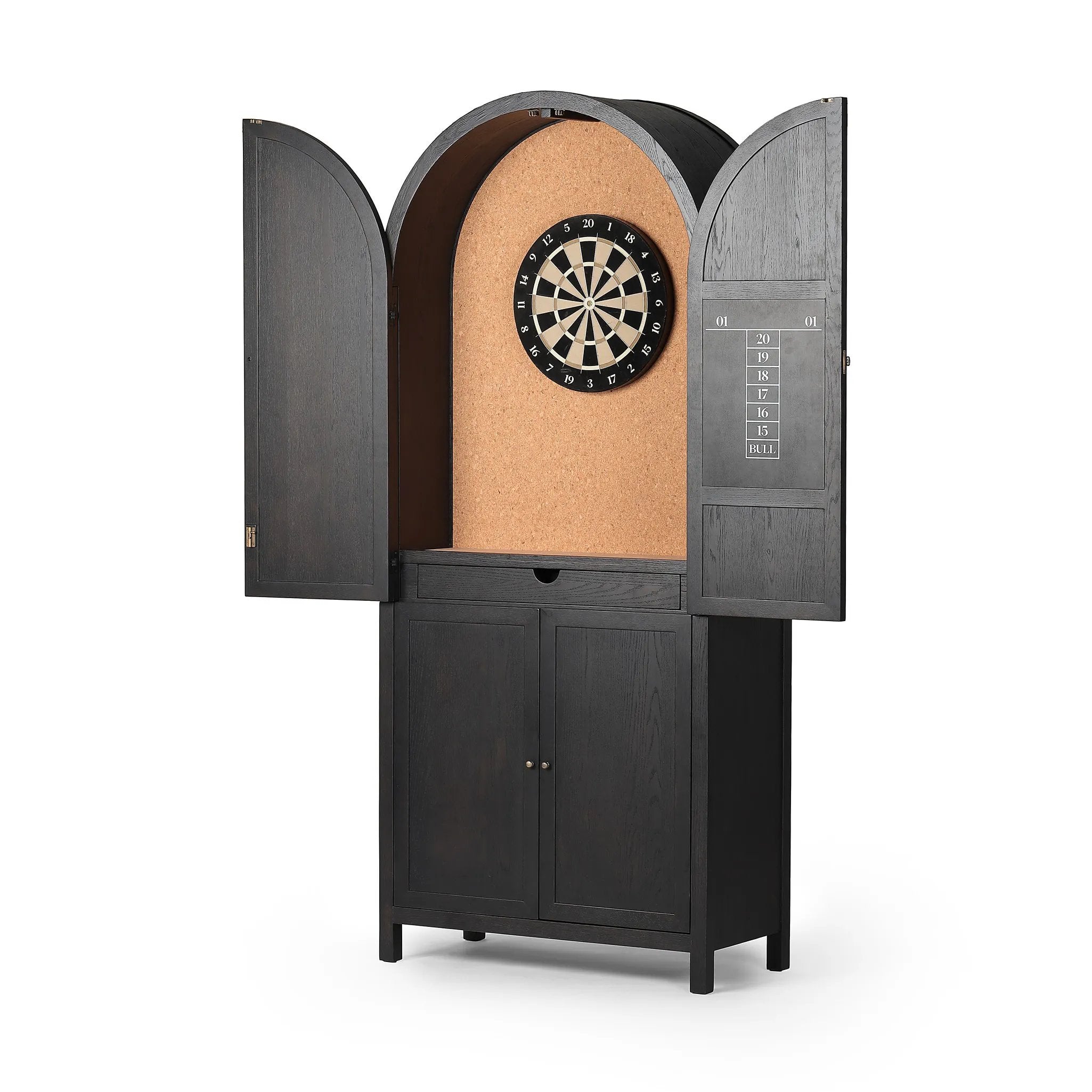 Featuring Darts Tonal Dartboard Cabinet by Four Hands at Amethyst Home. Sleek and full of surprises. This arched cabinet features lockable top doors that open to reveal a regulation size, mounting height sisal dart board, surrounded by cork backing. A full set of tungsten darts comes in an enclosed drawer, with a built-in chalk scoreboard and ample bar storage. Amethyst Home provides interior design, new home construction design consulting, vintage area rugs, and lighting in the Boston metro area.