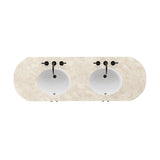 Sleek and softly curved, this pill-shaped bath vanity pairs a monochromatic base with a natural marble top. Complemented by rounded hardware and a set back base board, with adjustable and removable shelves inside for ample storage. Finished with a bath-safe sealant for moisture resistance. Amethyst Home provides interior design, new home construction design consulting, vintage area rugs, and lighting in the Seattle metro area.