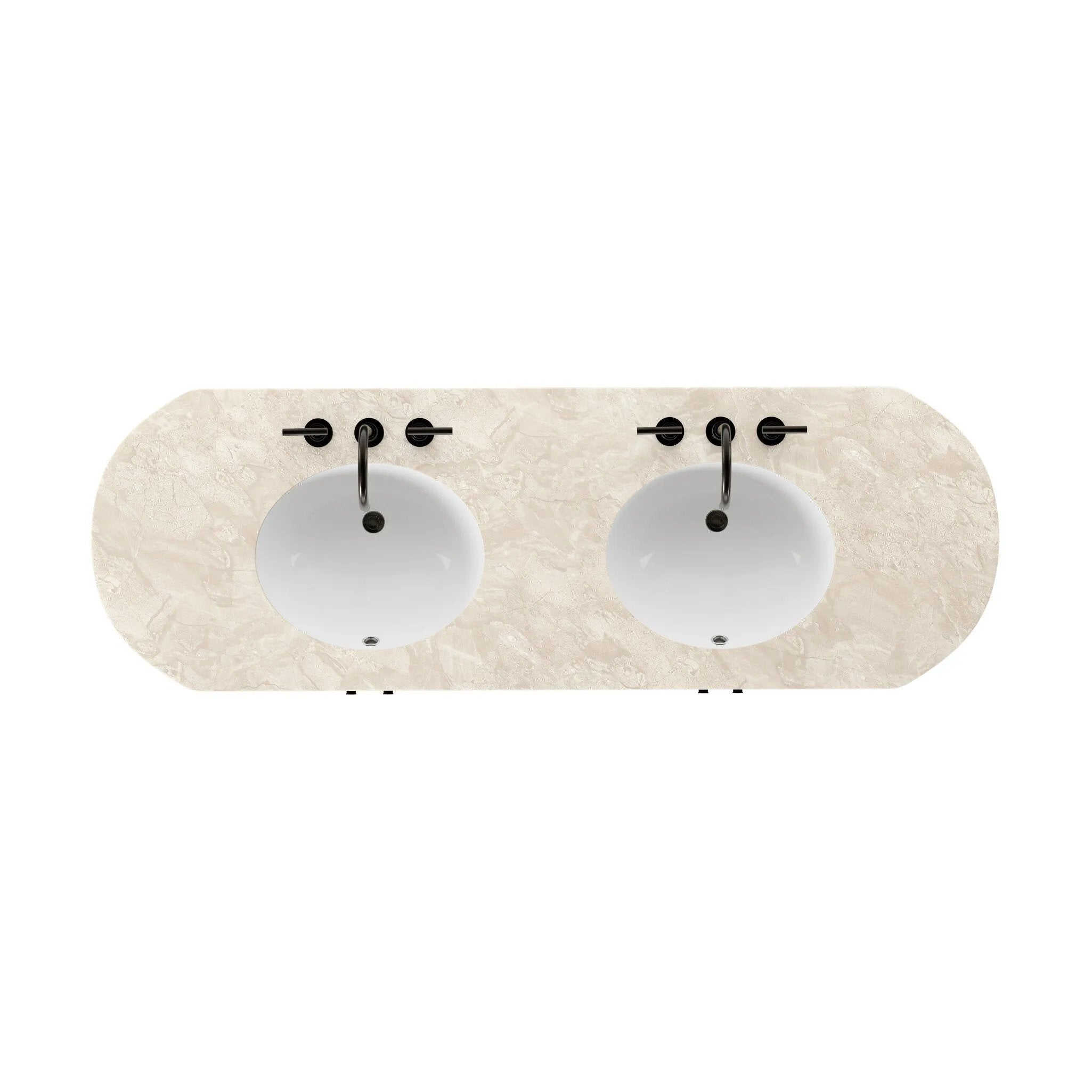 Sleek and softly curved, this pill-shaped bath vanity pairs a monochromatic base with a natural marble top. Complemented by rounded hardware and a set back base board, with adjustable and removable shelves inside for ample storage. Finished with a bath-safe sealant for moisture resistance. Amethyst Home provides interior design, new home construction design consulting, vintage area rugs, and lighting in the Seattle metro area.