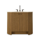 Sleek and softly curved, this pill-shaped bath vanity pairs a monochromatic base with a natural marble top. Complemented by rounded hardware and a set back base board, with adjustable and removable shelves inside for ample storage. Finished with a bath-safe sealant for moisture resistance. Amethyst Home provides interior design, new home construction design consulting, vintage area rugs, and lighting in the Boston metro area.