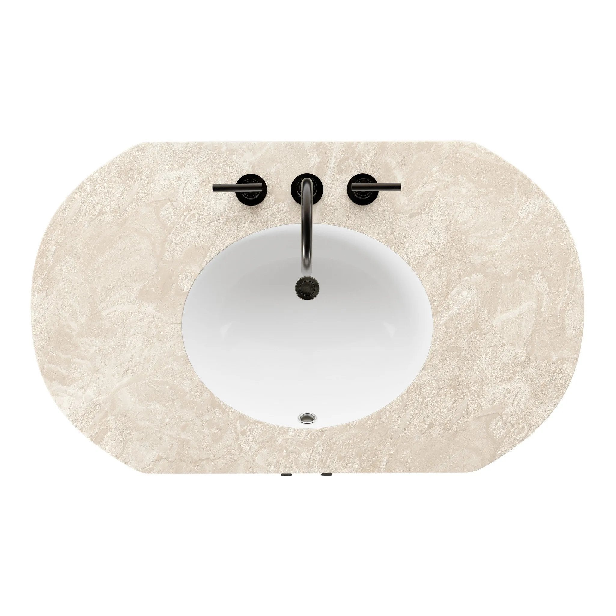 Sleek and softly curved, this pill-shaped bath vanity pairs a monochromatic base with a natural marble top. Complemented by rounded hardware and a set back base board, with adjustable and removable shelves inside for ample storage. Finished with a bath-safe sealant for moisture resistance. Amethyst Home provides interior design, new home construction design consulting, vintage area rugs, and lighting in the Seattle metro area.