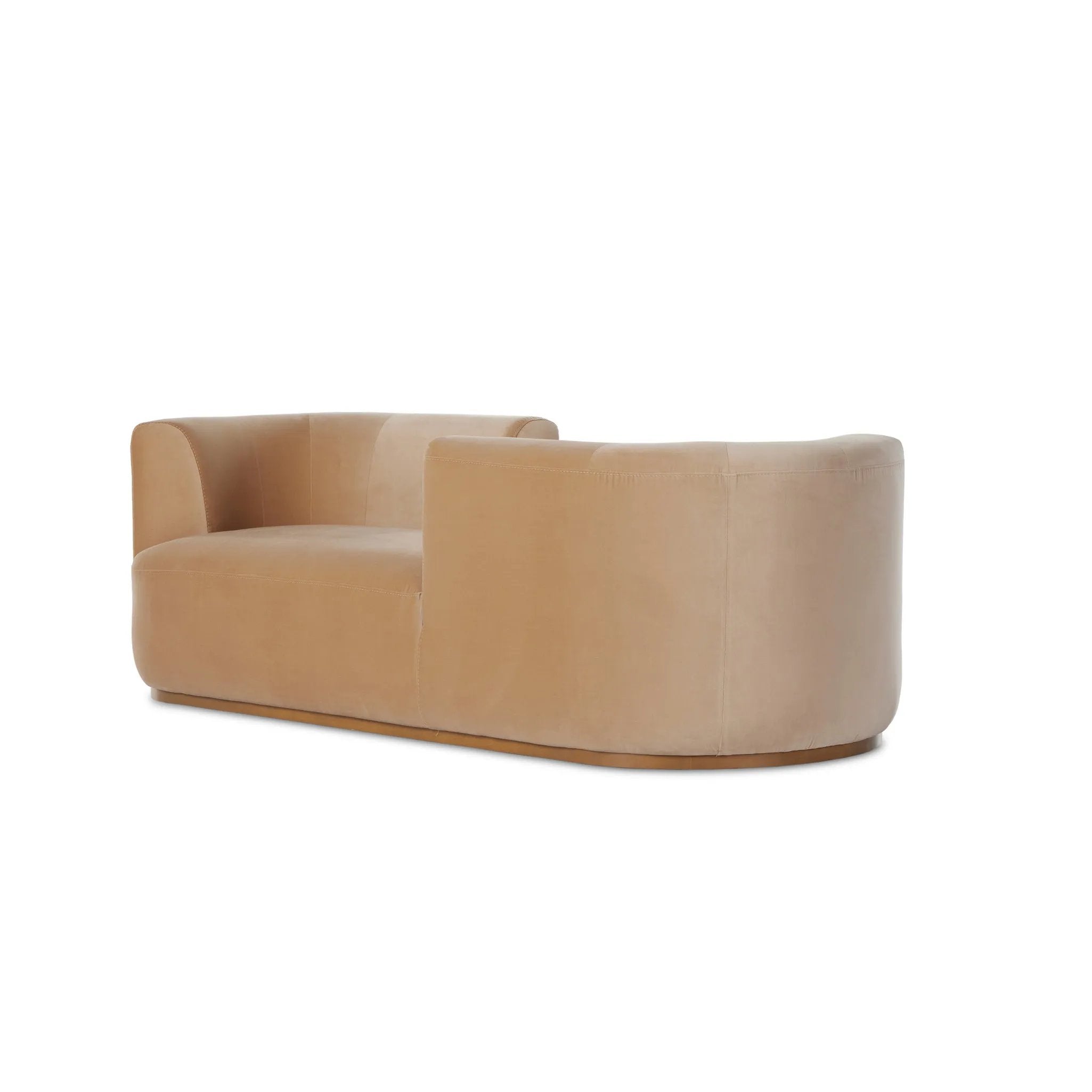 Featuring Deandra Surrey Camel Tete A Tete Chaise by Four Hands at Amethyst Home. Modern European inspiration and plush curves come head to head in this stylish chaise. Upholstered in a soft cotton/poly blend fabric that feels both casual and elevated. A base of Rosa Morada wood grounds the entire piece.Overall Dimensions: 90.50"w x 38.00"d x 29.00"hWeight : . Amethyst Home provides interior design, new home construction design consulting, vintage area rugs, and lighting in the Houston metro area.
