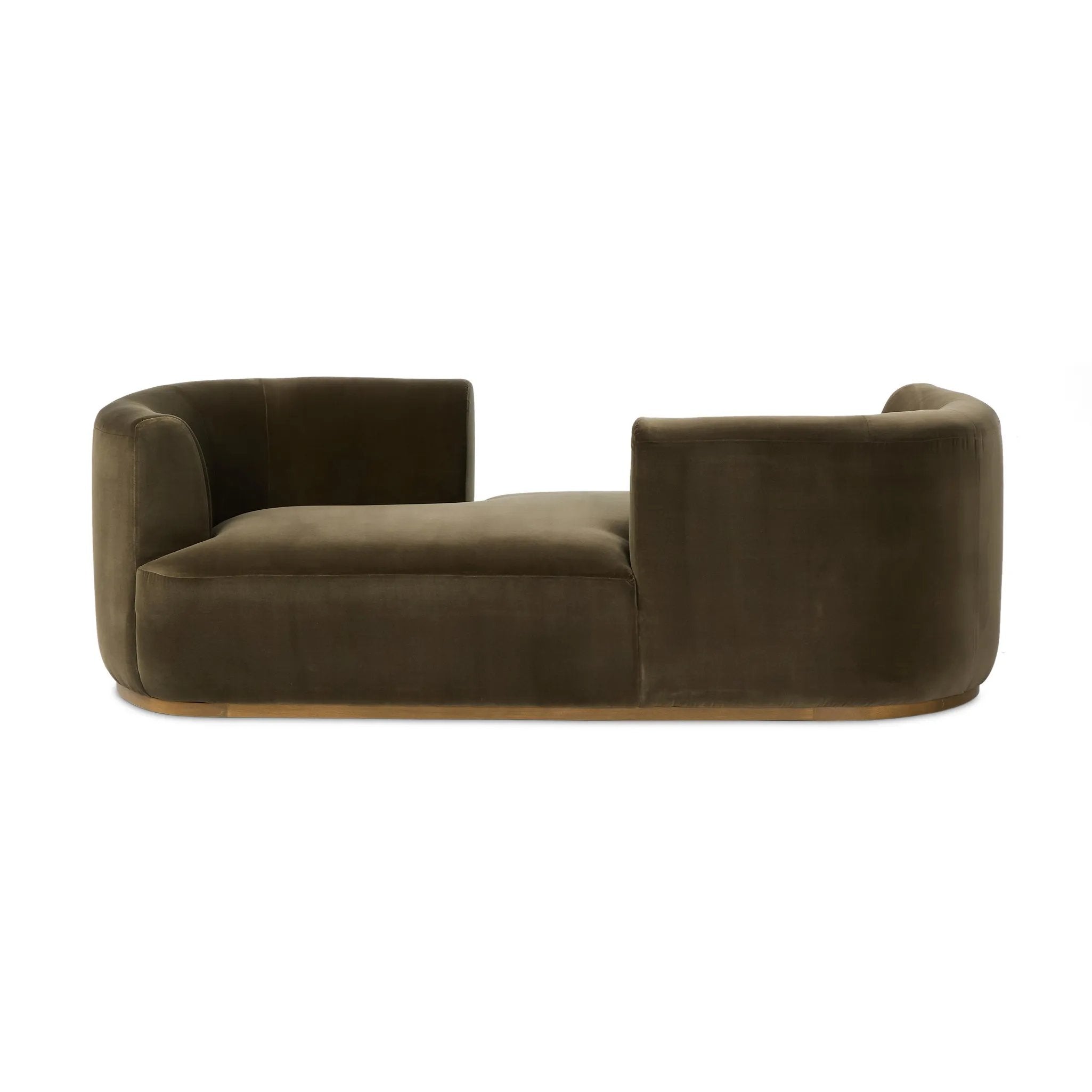 Featuring Deandra Surrey Olive Tete A Tete Chaise by Four Hands at Amethyst Home. Modern European inspiration and plush curves come head to head in this stylish chaise. Upholstered in a soft cotton/poly blend fabric that feels both casual and elevated. A base of Rosa Morada wood grounds the entire piece.Overall Dimensions: 90.50"w x 38.00"d x 29.00"hWeight : 1. Amethyst Home provides interior design, new home construction design consulting, vintage area rugs, and lighting in the Dallas metro area.