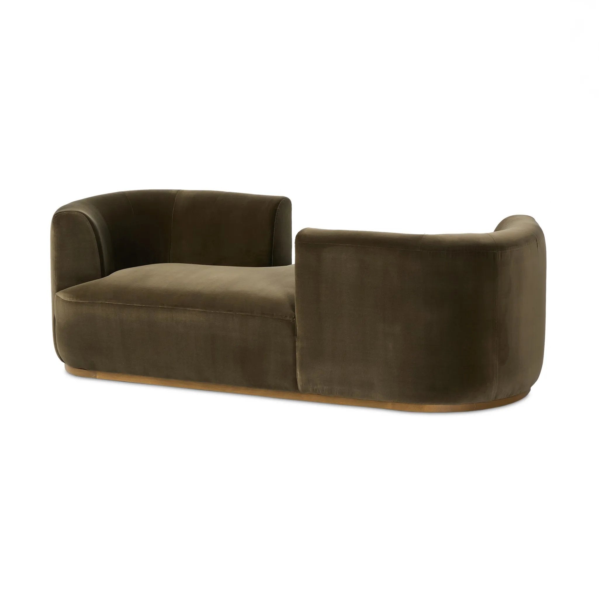 Featuring Deandra Surrey Olive Tete A Tete Chaise by Four Hands at Amethyst Home. Modern European inspiration and plush curves come head to head in this stylish chaise. Upholstered in a soft cotton/poly blend fabric that feels both casual and elevated. A base of Rosa Morada wood grounds the entire piece.Overall Dimensions: 90.50"w x 38.00"d x 29.00"hWeight : 15. Amethyst Home provides interior design, new home construction design consulting, vintage area rugs, and lighting in the Tampa metro area.