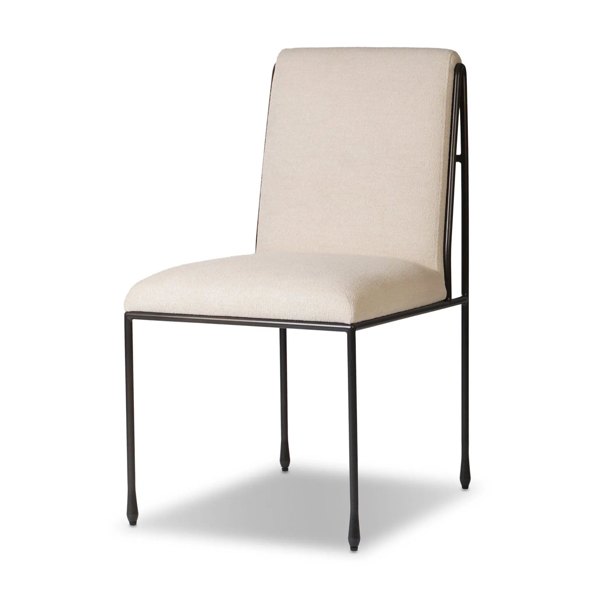 European inspiration gives streamlined character to this high-back metal-framed dining chair. Bent metal detail and tapered feet add interesting elements. Supported with upholstered seating in snow-white Crypton® performance fabric. Crypton® fabric is specially engineered for protection against stains, moisture and odor Amethyst Home provides interior design, new home construction design consulting, vintage area rugs, and lighting in the Miami metro area.