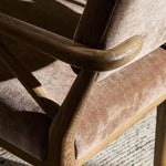 Pastoral inspiration defines a thoughtfully designed dining chair of toasted oak, while soft earthen upholstery covers a comfortable seat and back Amethyst Home provides interior design, new home construction design consulting, vintage area rugs, and lighting in the Laguna Beach metro area.